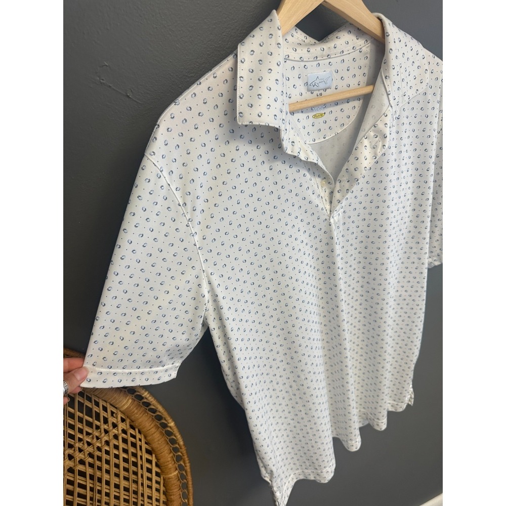 Greg Norman Mens Size L Play Dry Polo Golf Shirt Dot Pattern White Short Sleeve